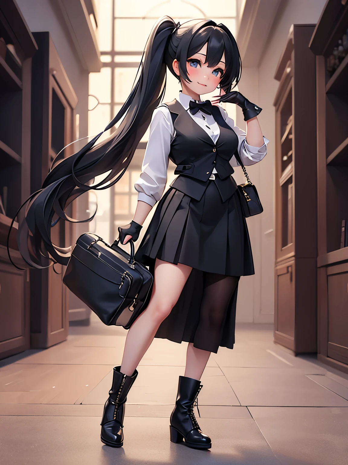 (masterpiece、highest quality、highest quality、Official Art、Beautiful and beautiful:1.2)、(One girl:1.3)Hatsune Miku、Twin tails,Big Breasts,Beautiful girl who looks like Bettie Page, smile, Updo, ponytail, Black Long Maxi Skirt(Black Long Maxi Skirt:1.2), Black satin gloves,High Boots, ((Long wool vest )), Playing for the camera, Opneleg, carrying a handbag on one's shoulder, Sitting on the grass in Central Park,