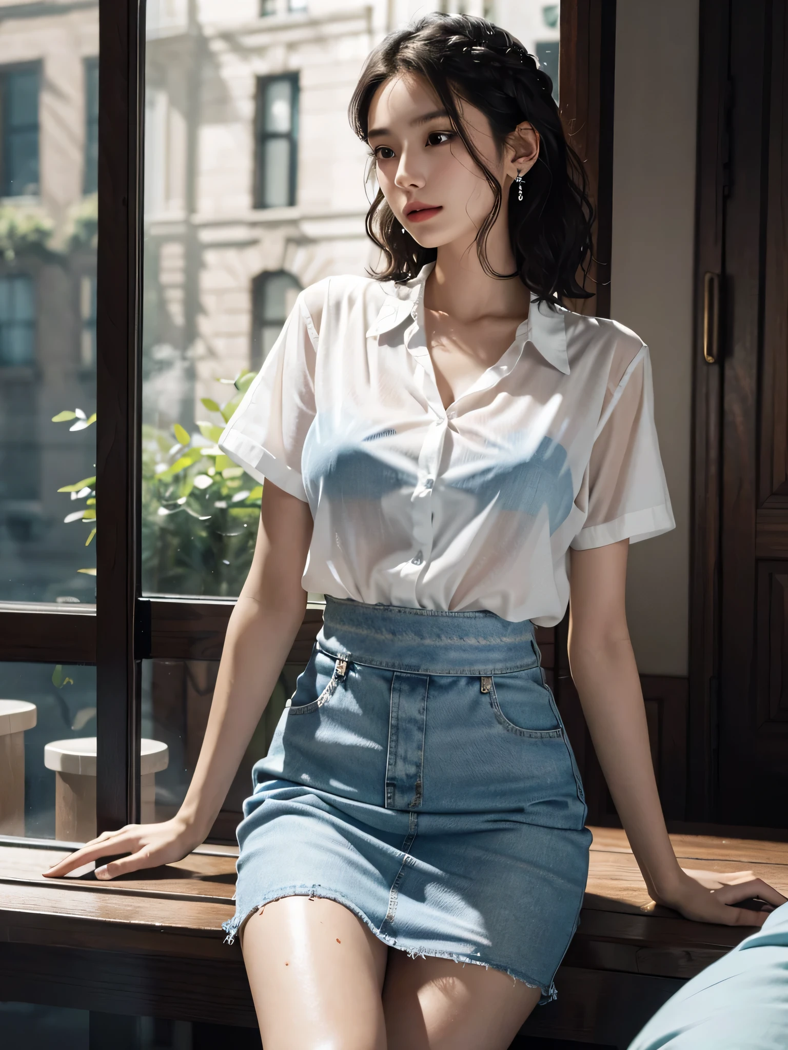absurdres, RAW photo, extremely delicate and beautiful, masterpiece, Best Quality, ultra high resolution, 32k, hyperrealistic, ultra-detailed, perfect anatomy, anatomically correct, perfect figure, super Detailed skin, 20 years old, very Slim body, narrow waist, very small head, very small face, delicate facial features, detailed face, detailed eyes, tearful mole, earring, thin legs, bare legs, ((very huge round breasts)), short medium hair, ((wavy hair)), wet clothes, Y-shirt with white collar open to second button, Blue short skirt, satchel,