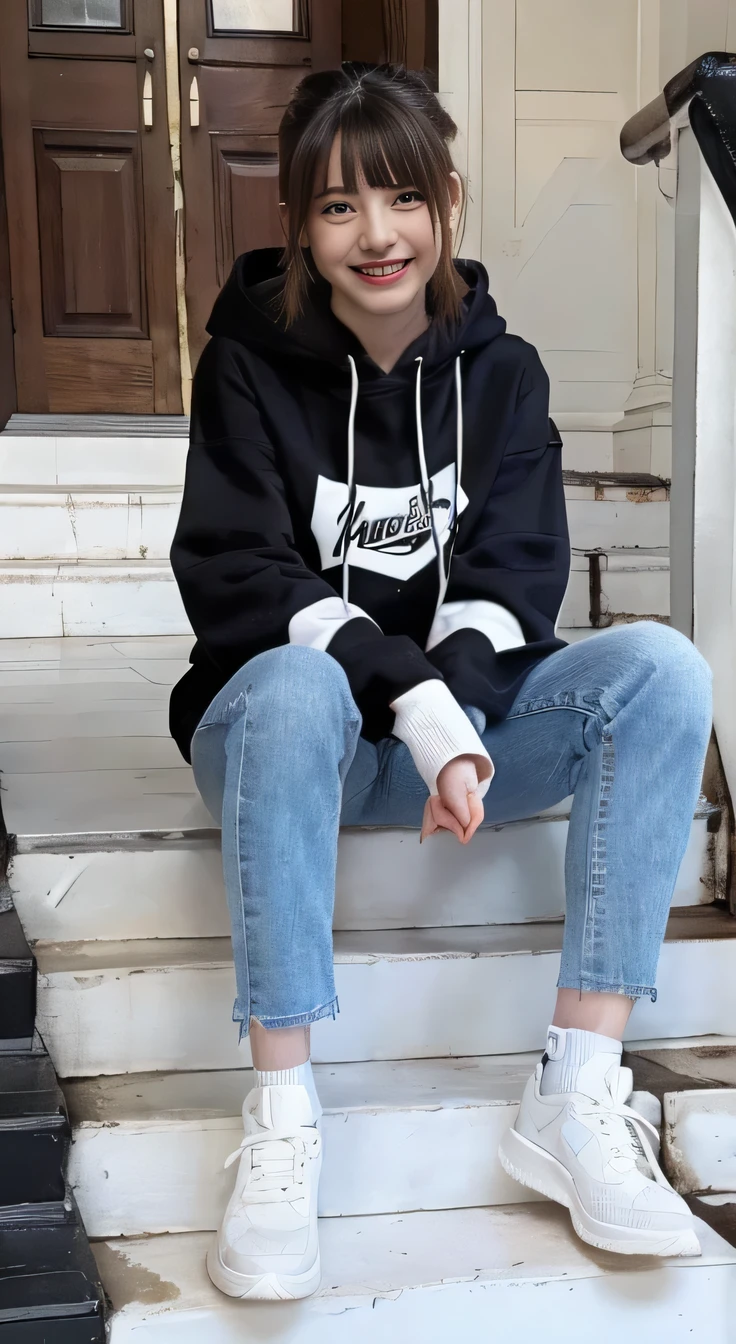 highest quality, Realistic, Very detailed, Finer details, High resolution, 8k wallpaper, One beautiful woman,Sit on the stairs、(Wear black socks)smile、(Beautiful teeth alignment、)(Gums are visible) Oversized hoodie, Skinny jeans,( Black sneakers)、Black Hair、 Beautiful Bangs、ear piercing、Perfect dynamic composition, Beautiful and detailed, Full Body Shot, A big smile waiting to start