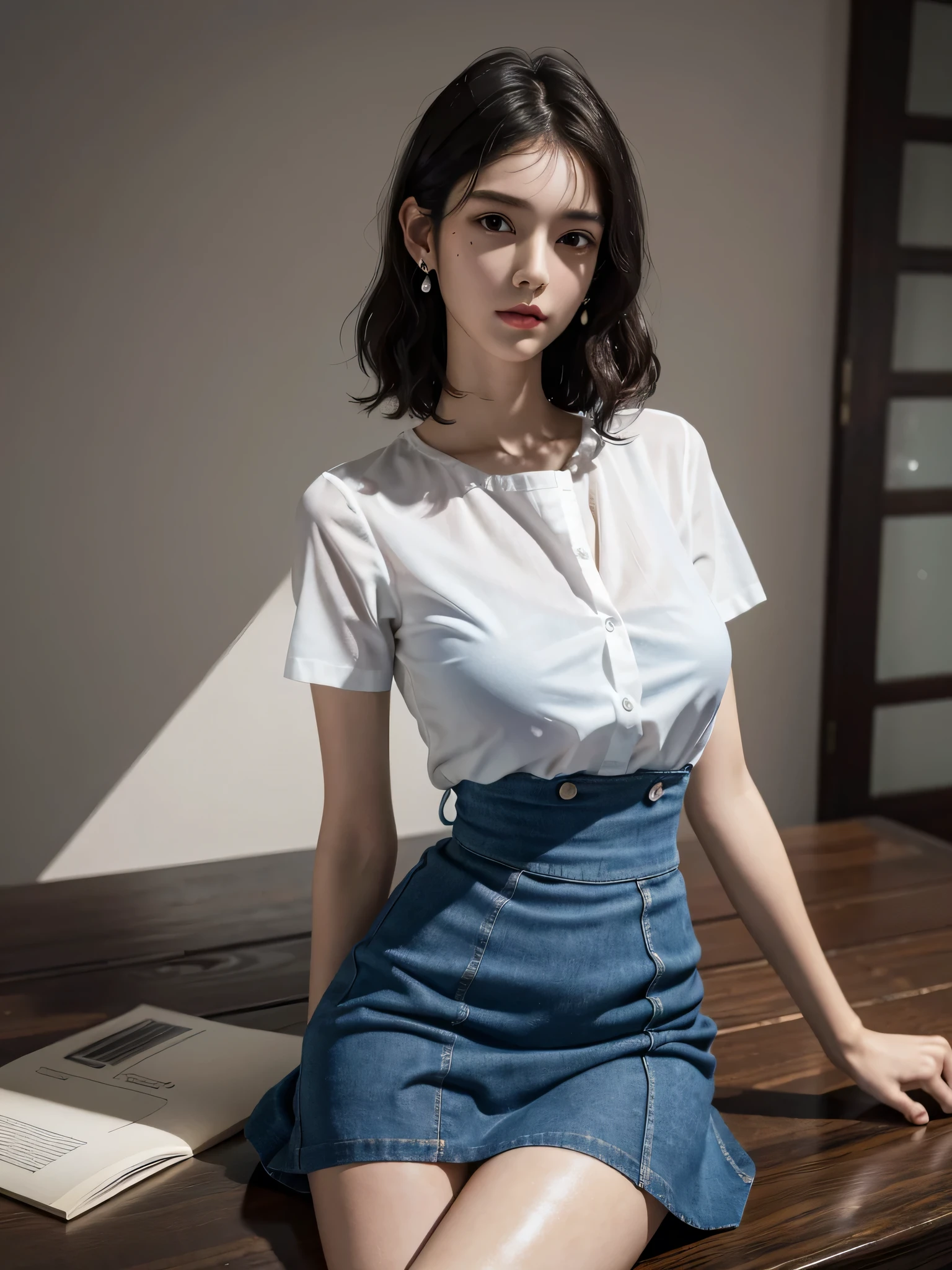 absurdres, RAW photo, extremely delicate and beautiful, masterpiece, Best Quality, ultra high resolution, 32k, hyperrealistic, ultra-detailed, perfect anatomy, anatomically correct, perfect figure, super Detailed skin, 20 years old, very Slim body, narrow waist, very small head, very small face, delicate facial features, detailed face, detailed eyes, tearful mole, earring, thin legs, bare legs, ((very huge round breasts)), short medium hair, ((wavy hair)), wet clothes, Y-shirt with white collar open to second button, Blue short skirt, satchel,