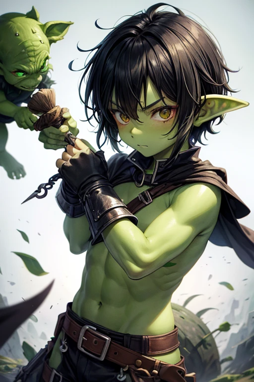Goblin boy with green skin short black hair, peinado desorenado con orejas puntegudas ,piel verde, Medieval assassin's clothing black green eyes holding a spear brown shoes brown leather belt jade ornaments in a forest background with magical symbols