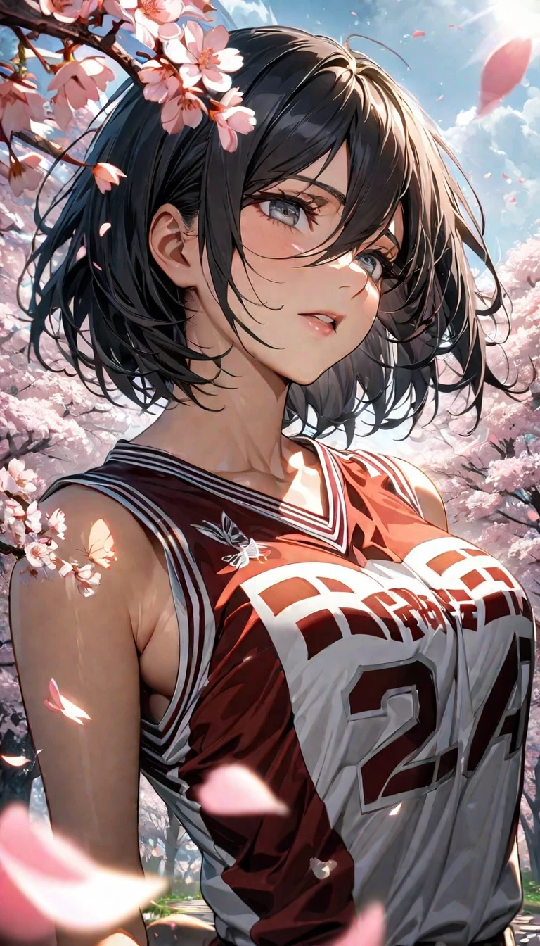 Ultra detailed, Highres, HDR, absurdres, Mikasa Ackerman, expressive silver eyes, black short hair, woman, extremely beautiful, Shingeki No Kyojin, solo, extremely detailed face and eyes, petals, blossoms, spring, master piece, basketball uniform, cherry blossoms, butterflies, best quality, very pretty,