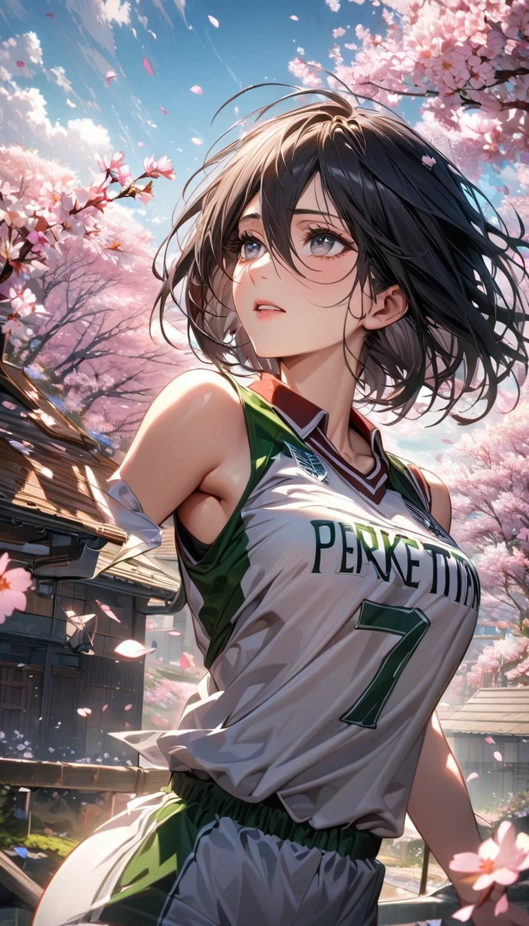 Ultra detailed, Highres, HDR, absurdres, Mikasa Ackerman, expressive silver eyes, black short hair, woman, extremely beautiful, Shingeki No Kyojin, solo, extremely detailed face and eyes, petals, blossoms, spring, master piece, basketball uniform, cherry blossoms, butterflies, best quality, very pretty,