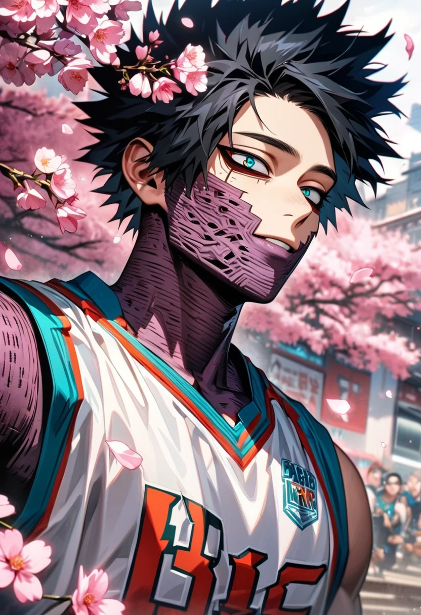 absurdres, highres, ultra detailed, HDR, master piece, detailed picture, extremely detailed face and eyes, Dabi, he has black hair that spikes upward around his head, vibrant turquoise eyes, Boku no Hero Academia, basketball uniform, solo, sexy man, handsome, spring, pink flowers, blossoms, pink petals