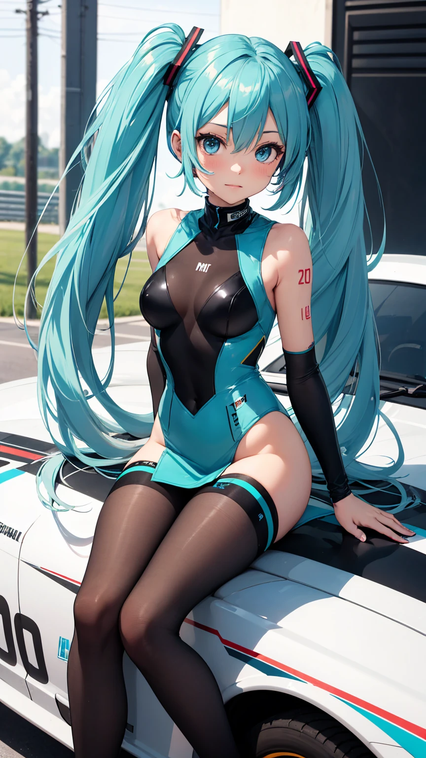 Highquality image of Hatsune Miku, Twin Tail, light Blue Eye, light Blue Hair, Race Queen, Motorsports, big chest, high-leg leotard, She wears a mini-skirt on top, black tights, high-heeles, cute costume
