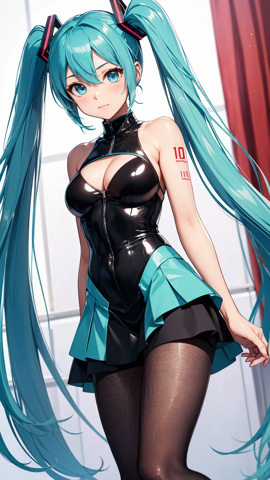 Highquality image of Hatsune Miku, Twin Tail, light Blue Eye, light Blue Hair, Race Queen, Motorsports, big chest, high-leg leotard, She wears a mini-skirt on top, black tights, high-heeles, cute costume
