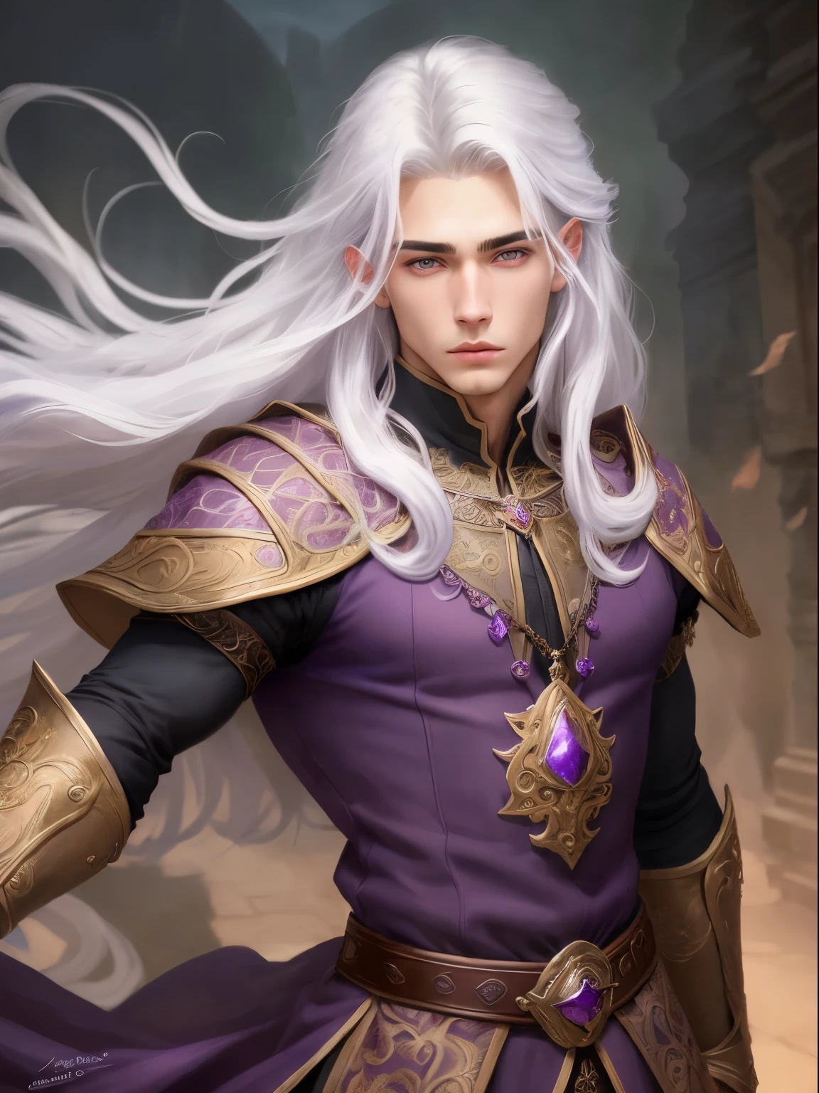 boy,young,handsome,beautiful face,19 years old, finely detailed eyes,purple bright eyes color,skin light tone,white hair,long hair,muscular body,(best quality, masterpiece, colorful, dynamic angle, highest detailed) ,intricate details, portrait, looking at viewer, solo, (full body:0.6), detailed background, detailed face,(intricate details, hyperdetailed:1.15), dynamic pose,supreme dark purple archmage clothes,(high resolution textures), high fantasy medieval setting, magic palace background,
