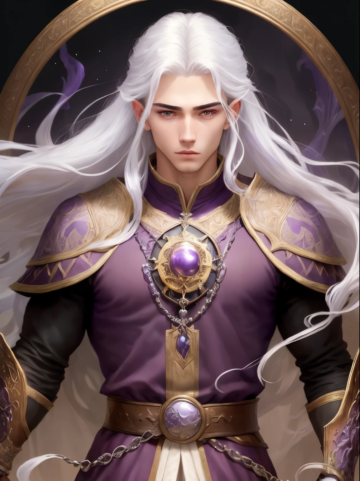 boy,young,handsome,beautiful face,19 years old, finely detailed eyes,purple bright eyes color,skin light tone,white hair,long hair,muscular body,(best quality, masterpiece, colorful, dynamic angle, highest detailed) ,intricate details, portrait, looking at viewer, solo, (full body:0.6), detailed background, detailed face,(intricate details, hyperdetailed:1.15), dynamic pose,supreme dark purple archmage clothes,(high resolution textures), high fantasy medieval setting, magic palace background,