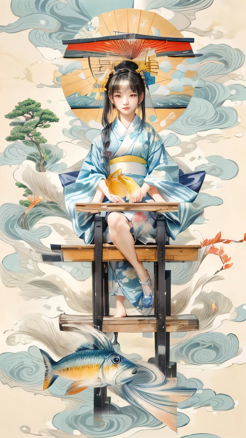 Close-up of a female Japanese ager sitting on a bench holding a fish, by Qiu Ying, Japanese art style, In the Ukiyo-e art style, Written by Ku Lei Lei, Japanese painting, James Jean and Urop, by Tosa Mitsuoki, Written by Li Song, Japanese Goddess, By Chen Jill, Ukiyo-e style, by Li Zai、A woman wearing a sky blue and yellow yukata、Fascinating、There are fish and shrimp at the bottom of the screen。White cloud、There is smoke like a Karman vortex。