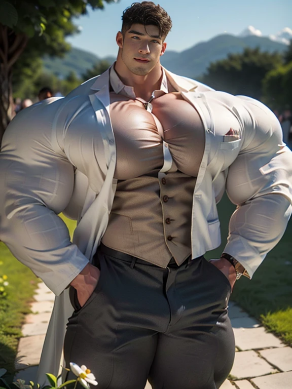 (best quality:1.5, hyperrealistic:1.5, photorealistic:1.4, madly detailed CG unity 8k wallpaper:1.5, masterpiece:1.3, enthusiastically detailed photo:1.2), (hyper-realistic lifelike texture:1.4), highly detailed, ((masterpiece, best quality)), retouched, extremely detailed 8K wallpaper, 1 korean male, (korean man with k-pop idol look), 20yo, handsome, hyper muscle, stubble, wear groom tailored white suit and pants, big guy, photo real, illuminating light, brutalmass, giant muscular bodybuilder, bulk, massive body, large size, charming, wedding decorated field with white flowers, outdoor