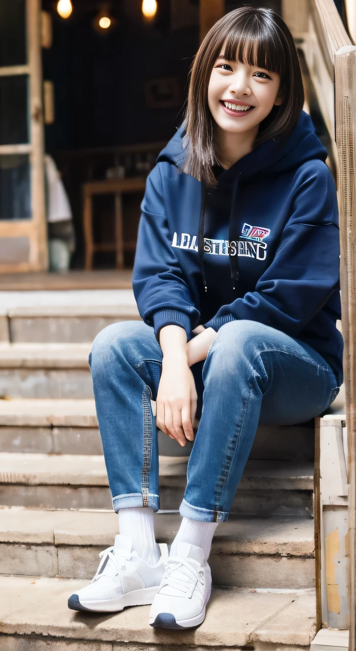 highest quality, Realistic, Very detailed, Finer details, High resolution, 8k wallpaper, One beautiful woman,Sit on the stairs、(Wear black socks)smile、(Beautiful teeth alignment、)(Gums are visible) Oversized hoodie, Skinny jeans,( Black sneakers)、Black Hair、 Beautiful Bangs、ear piercing、Perfect dynamic composition, Beautiful and detailed, Full Body Shot, A big smile waiting to start