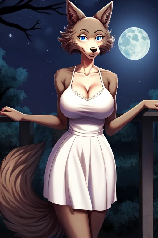 Beastars art style, beastars, Juno, brown wolf, she Wolf, 1girl, furry, long curly brown fur, slim figure, blue eyes, wide hips, Big breasts, White skirt, White top, cleavage, night time, woods