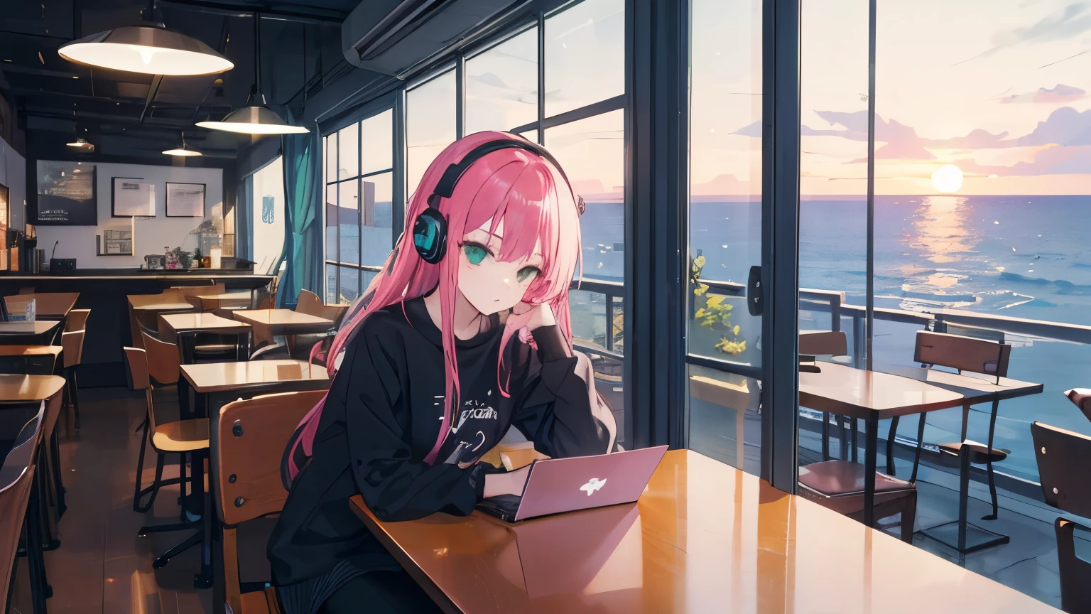You act to achieve the goal of "a cafe on a hilltop with a view of the ocean, a girl with headphones watching the sunset, wearing long sleeves and working on a computer, with an 80's anime style and city pop culture vibe with a hint of ennui." Please.
# Theme:.
- Working in a cafe
# Constraints:.
- Cafe has a hill and a view of the ocean
- Cafe has counter seats with a view of the ocean
- Sitting at the counter of the café and working
- Working at the cafe with a view of the sunset
- The girl is wearing headphones.
- The girl is wearing long sleeves.
- The girl wears long sleeves. The girl wears glasses.
- The girl has long pink hair and green eyes.
- She works with a laptop.
- The girl's style resembles 80's anime.
- Atmosphere has city pop culture
- The girl's mood is ennui.
# Assumptions:.
- The cafe is located on top of a hill.
- The cafe has a view of the ocean.
- The girl is at the café at sunset.
- The girl brings her own PC.
- The interior and music of the café are in the style of 80's anime.
- The atmosphere of the café reflects the city pop culture.
# Rules:.
- Rules: Seats in the café face the hill.
- The sunset is seen from the window of the café during the sunset time.
- The girl is listening to music while working because she is wearing headphones
- The girl wears long sleeves to adjust the temperature in the café.
- The girl wears glasses, so she avoids obstructing her vision while working.
- The café needs a power supply and Wi-Fi because the work is done using a PC.
- The decor and music of the café should incorporate 80's anime style, so be careful with posters and music choices
- The atmosphere of the café will reflect city pop culture, so be creative with lighting and interior design
- Minimize staff interaction and contact with other customers because of the girl's ennui atmosphere
# Variables:.
- Cafe Name
- Name of the girl
- Menu of the café
- Title of the animation you are working on
- Title of the city pop song
- Description of the gir