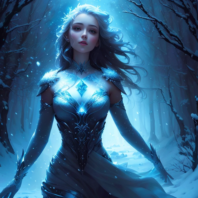A woman in a white dress is walking through a snowy forest, Winter Goddess, Fantasy Woman, Winter Queen, Ice Mage, 4k fantasy art, Karol Bak Oud, Beautiful fantasy art, Fantasy Book Cover, fantasy digital art, Ice Queen, Digital Art Fantasy Art, 8k fantasy art, very Beautiful fantasy art, Fantasy Art Behance
