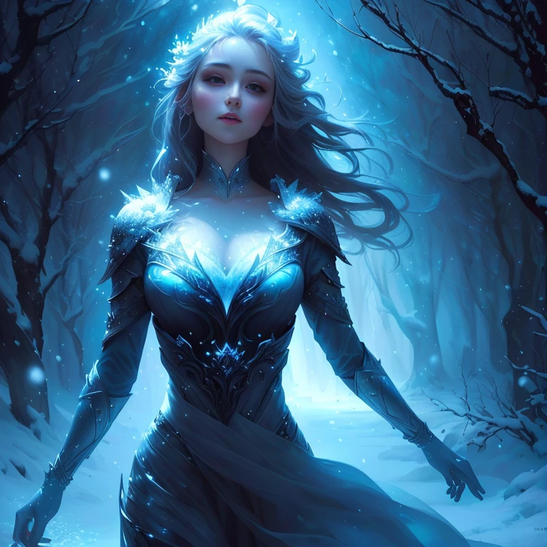 A woman in a white dress is walking through a snowy forest, Winter Goddess, Fantasy Woman, Winter Queen, Ice Mage, 4k fantasy art, Karol Bak Oud, Beautiful fantasy art, Fantasy Book Cover, fantasy digital art, Ice Queen, Digital Art Fantasy Art, 8k fantasy art, very Beautiful fantasy art, Fantasy Art Behance