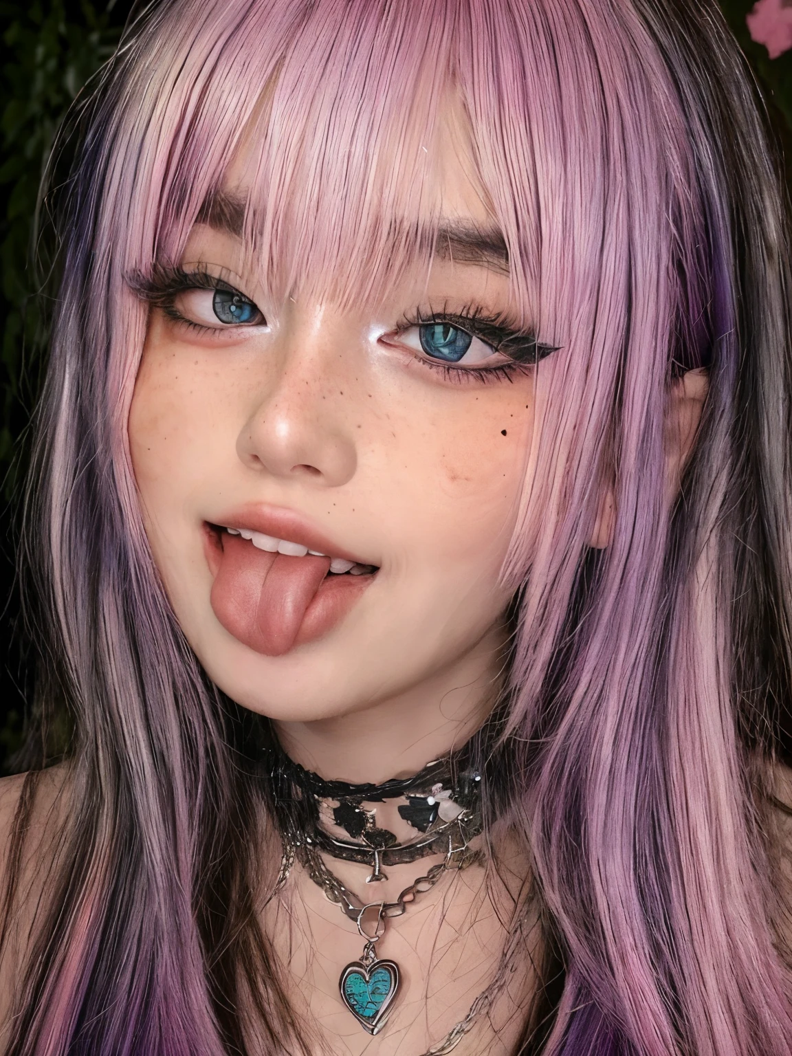 masterpiece, best quality,realistic,absurdres,1girl,looking at viewer,egirl_face, night, street, face detail, face retouch, massive breasts, smiling, laughing, chains, blush, freckles, rainbow hair, full body view, egirl_outfit, tongue, messy hair
