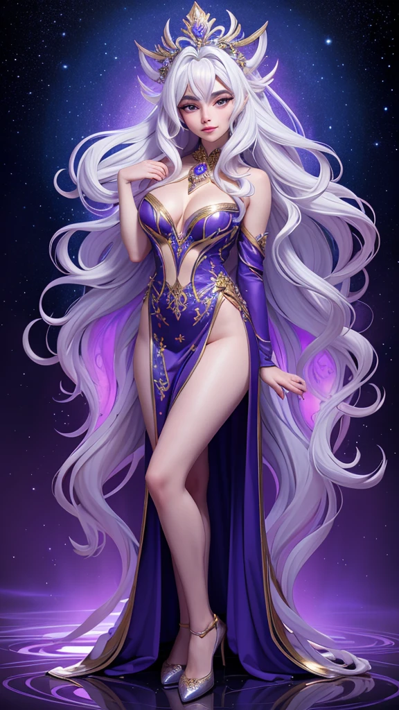 A strikingly elegant am0ur4nth race queen, showcasing regal beauty amidst celestial decadence: shimmering silver skin adorned with intricate patterns of ethereal light, flowing amethyst-hued hair cascading like a waterfall. This captivating portrait captures her commanding presence in a mystical painting, every brushstroke embodying grace and power. The image radiates an otherworldly charm, drawing viewers into a realm of enchantment and majesty. ((full body, ))