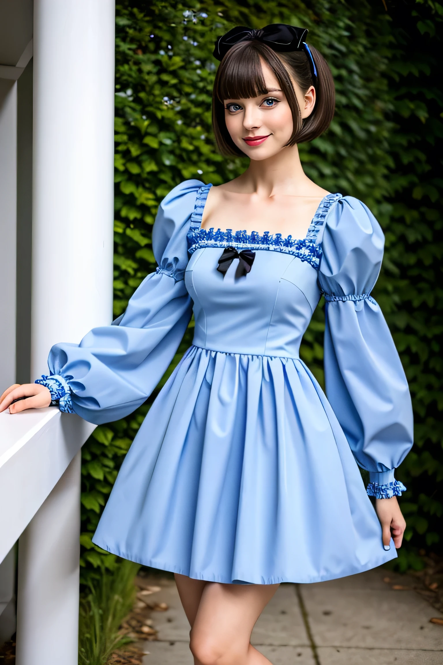 ((masterpiece), (Realistic), highest quality:1, High resolution, 4K, super High resolution), One girl, dress, view your viewers, lanthanum, long sleeve, red dress, candy, bangs, alone, Puffy sleeves, blue eyes, black bow, Gray Hair, bow, short hair, jewelry, Juliet Sleeve, Lollipop, blush, Mouth closed, hair bow, Full body portrait, little smile,