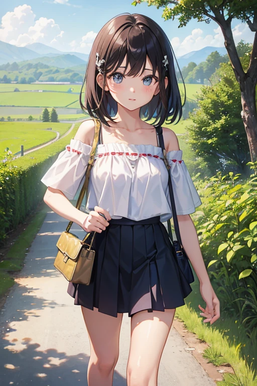 countryside、Rural Scenery、summer、13 year old beautiful girl、Off-the-shoulder T-shirt、mini skirt、Walking