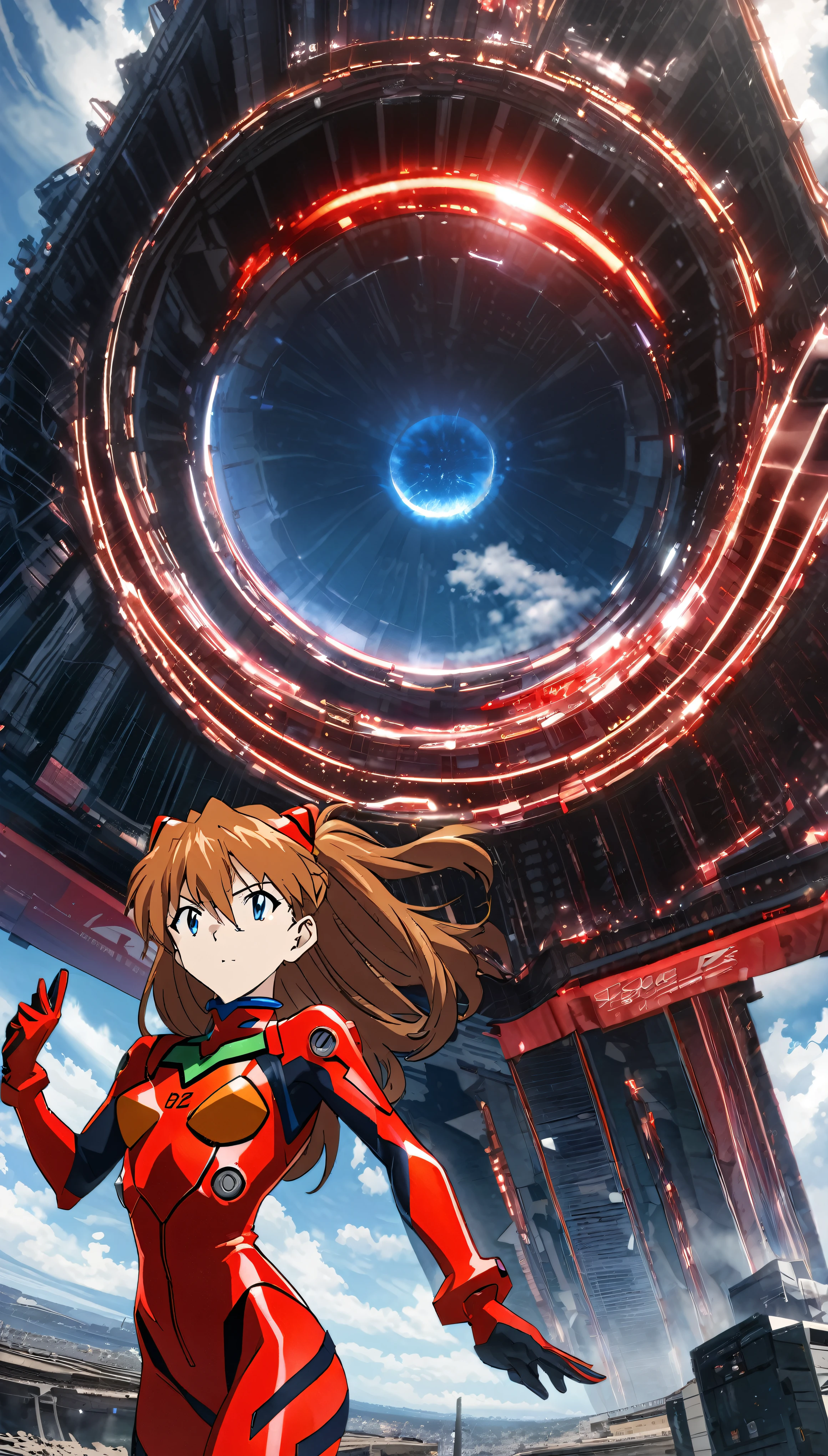 Neon Genesis Evangelion anime characters、Asuka Langley、Dressed in a bright red armor suit、She poses gracefully in front of the camera in high definition footage.。Evangelion Unit 0、An impressive megastructure、It provides a breathtaking backdrop。Asuka raised her hand with determination.、The suit's advanced contours and the sheen of the latex sparkle in the spotlight.、Surreal and thrilling scenes unfold。