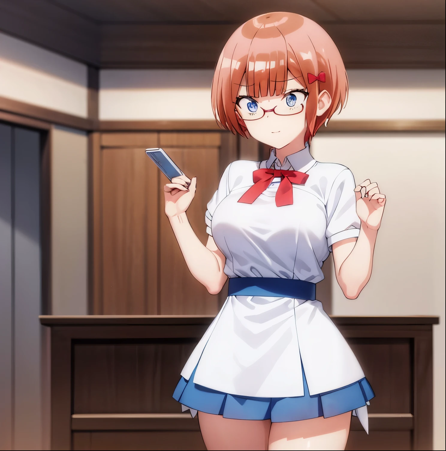 1girl, Alone, Rizu ogata, ((masterpiece)), ((Best quality)), (Ultra detailed), in bed, Sailor suit, white shirt, red bow tie, blue skirt, white socks, ((pretty eyes )), short hair, big breasts, blue eyes, red glasses, short hair, orange hair, ((pretty eyes)), smile, big breasts, medium waist, wide hips, medium thighs, round butt, good anatomy, good hands , in the library, alone, good lighting, embarrassed, seductive, Rizu ogata, blue eyes, no glasses, long hair, orange hair, ((pretty eyes)), smile, perfect anatomy, perfect hands, from behind, looking at viewer , from behind, pov (from below), round butt, stockings, day, sunset, curvy body