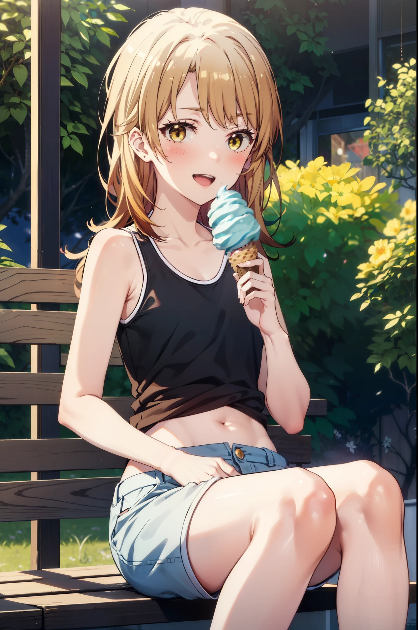 irohaisshiki, Iroha Isshiki, Long Hair, Brown Hair, (Brown eyes:1.5), happy smile, smile, Open your mouth,blush,Tank top shirt,Belly button,Shorts,barefoot,Holding and eating an ice cream,Daytime,Clear skies,Sitting cross-legged on a bench in a Japanese-style garden,wind chimes,whole bodyがイラストに入るように,House garden,
break indoors, Veranda,terrace,
break looking at viewer,whole body,(Cowboy Shot:1. 5)
break (masterpiece:1.2), highest quality, High resolution, unity 8k wallpaper, (figure:0.8), (Beautiful fine details:1.6), Highly detailed face, Perfect lighting, Highly detailed CG, (Perfect hands, Perfect Anatomy),