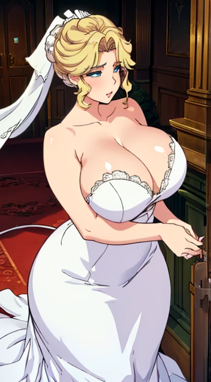 (Mature female , Sagging breasts、Cleavage, cleveage, Curvy beauty, Perfect body,)Wedding dress,hall,Flying white doves,Holding a bouquet of roses,Holy