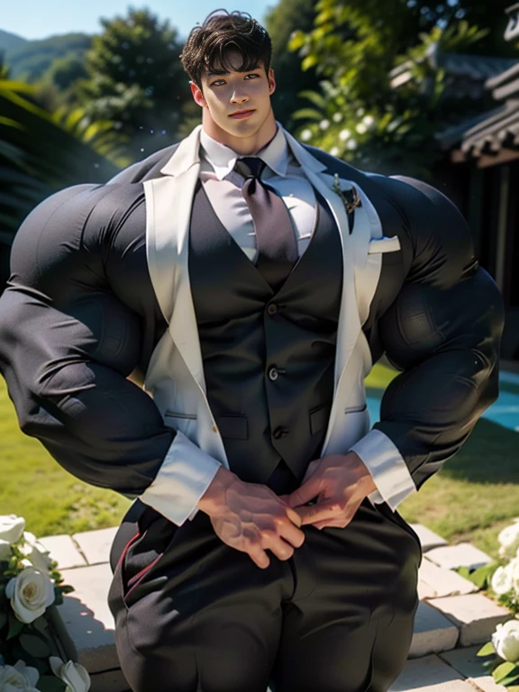(best quality:1.5, hyperrealistic:1.5, photorealistic:1.4, madly detailed CG unity 8k wallpaper:1.5, masterpiece:1.3, enthusiastically detailed photo:1.2), (hyper-realistic lifelike texture:1.4), highly detailed, ((masterpiece, best quality)), retouched, extremely detailed 8K wallpaper, 1 korean male, (korean man with k-pop idol look), 20yo, handsome, hyper muscle, stubble, firm , wear groom tailored white suit and pants, big guy, photo real, illuminating light, brutalmass, giant muscular bodybuilder, bulk, massive body, large size, charming, wedding decorated field with white flowers, outdoor