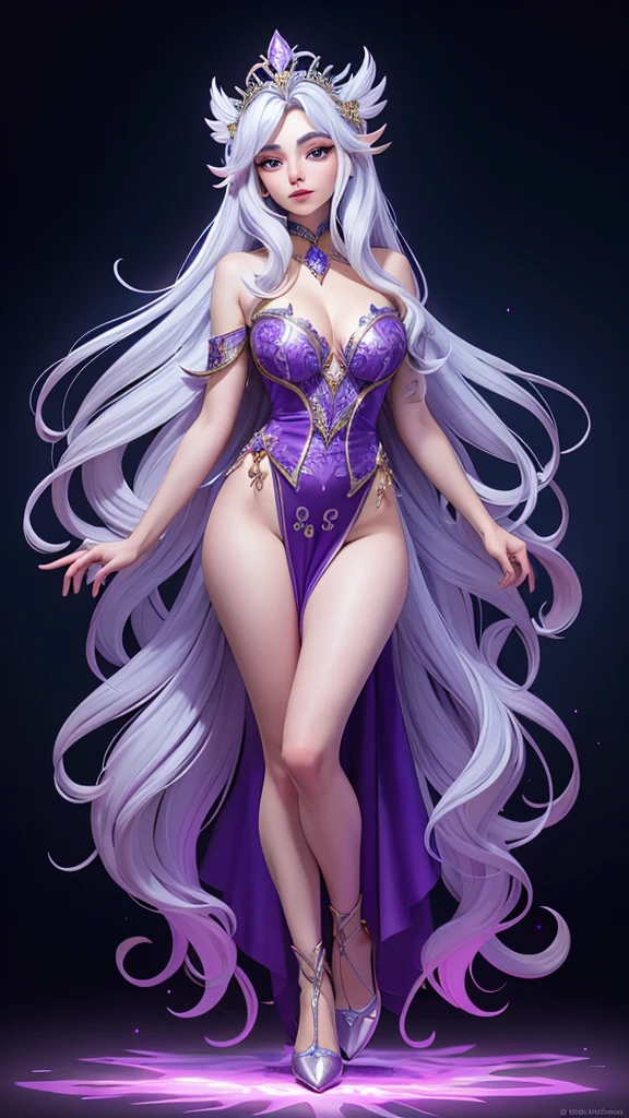 A strikingly elegant am0ur4nth race queen, showcasing regal beauty amidst celestial decadence: shimmering silver skin adorned with intricate patterns of ethereal light, flowing amethyst-hued hair cascading like a waterfall. This captivating portrait captures her commanding presence in a mystical painting, every brushstroke embodying grace and power. The image radiates an otherworldly charm, drawing viewers into a realm of enchantment and majesty. ((full body, ))