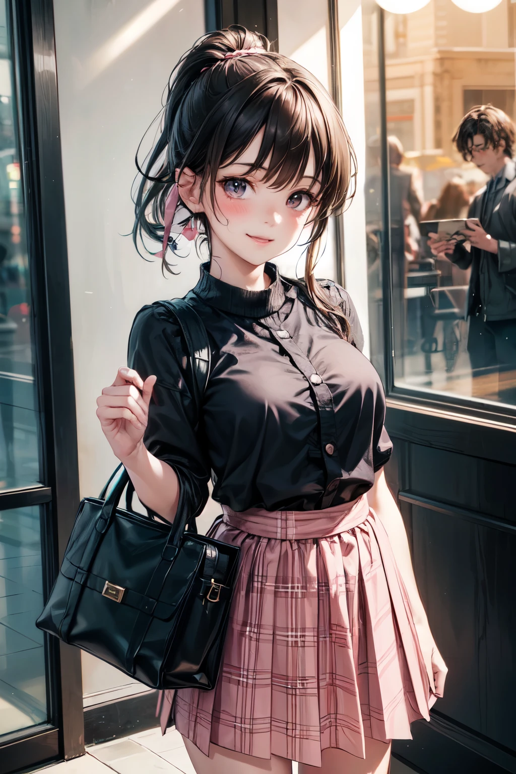 very cute and beautiful girl,(highly detailed beautiful face),
(smile),blush,embarrassed,looking at viewer,argyle sweater,cowboy shot,(white and pink plaid skirt),
standing in front of hotel entrance in modern capital city,night,holding tote bag,black hair,low ponytail,
(best quality,masterpiece),absurdres,highres,ultra-detailed,extremely detailed,32k,8k resolution,
intricate details,cinematic scene,detailed background,solo,dynamic angle,(realistic),