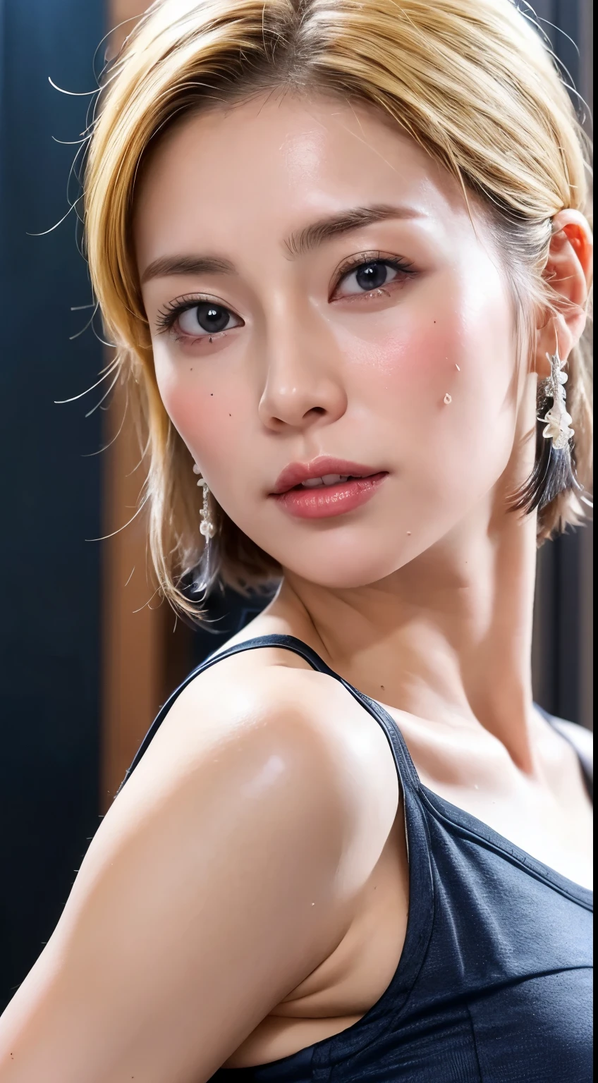 (Realistic:1.3、Ultra HD、Ultra-high resolution、8k、Japanese Housewife、In the kitchen)、Attention in the armpits、((Look Viewer:1.8))、(Extremely realistic skin texture:1.4)、(Realistic:1.3)、short hair、(smile:0.5)、(Blonde:1.5)、40-year-old woman、Ponytail hairstyle、(Lift one arm and show your armpit:1.3)、(Face close-up:1.32)、(Sweaty:1.2)、good、camisole