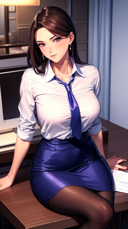 (masterpiece), ((highest quality)), (masterpiece,highest quality,Official Art,Highly detailed CG Unity 8k wallpaper), (The most noble and beautiful), (高学歴のwoman),Beauty Photography, woman,alone,(An elegant, upper-class, super elite secretary in a business shirt),Perfect look,double eyelidの目,Delicate makeup, Working in the office,厳格なbusiness suitを着用する, (Wear pantyhose),Wear high-end heels,Girl in a shirt, Wearing a suit, Huge ,Full Body Lesbian,Wearing a suit, Wearing a suit, merchant, Business Attire, 黒いWearing a suit, Wear a shirt and skirt, スーツを着たwoman, business suit,Computer chair,sit down,Erlang Leg,High heels,Displaying the viewer,Bright,Intricate details,Feet Focus,From below,Cool Beauty,(Tall Girl),Dark brown hair, Small earrings,Accurately expresses the fine details of the face and skin texture,(The most beautiful face and eyes), double eyelid,Delicate skin,Slim figure,alone,Medium chest,(She wears the most beautiful and noble little earrings), (From belowの軽蔑の視線1.5)、Pink nipples、