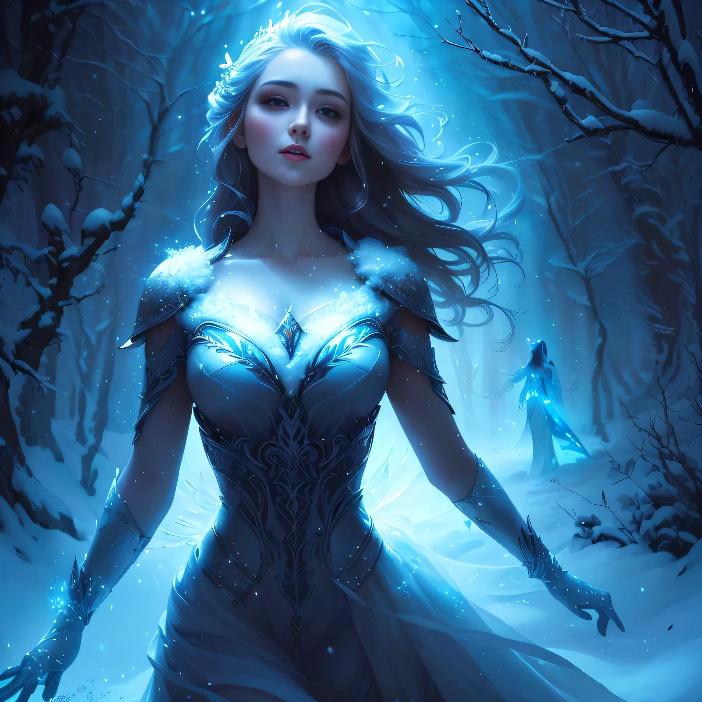 A woman in a white dress is walking through a snowy forest, Winter Goddess, Fantasy Woman, Winter Queen, Ice Mage, 4k fantasy art, Karol Bak Oud, Beautiful fantasy art, Fantasy Book Cover, fantasy digital art, Ice Queen, Digital Art Fantasy Art, 8k fantasy art, very Beautiful fantasy art, Fantasy Art Behance