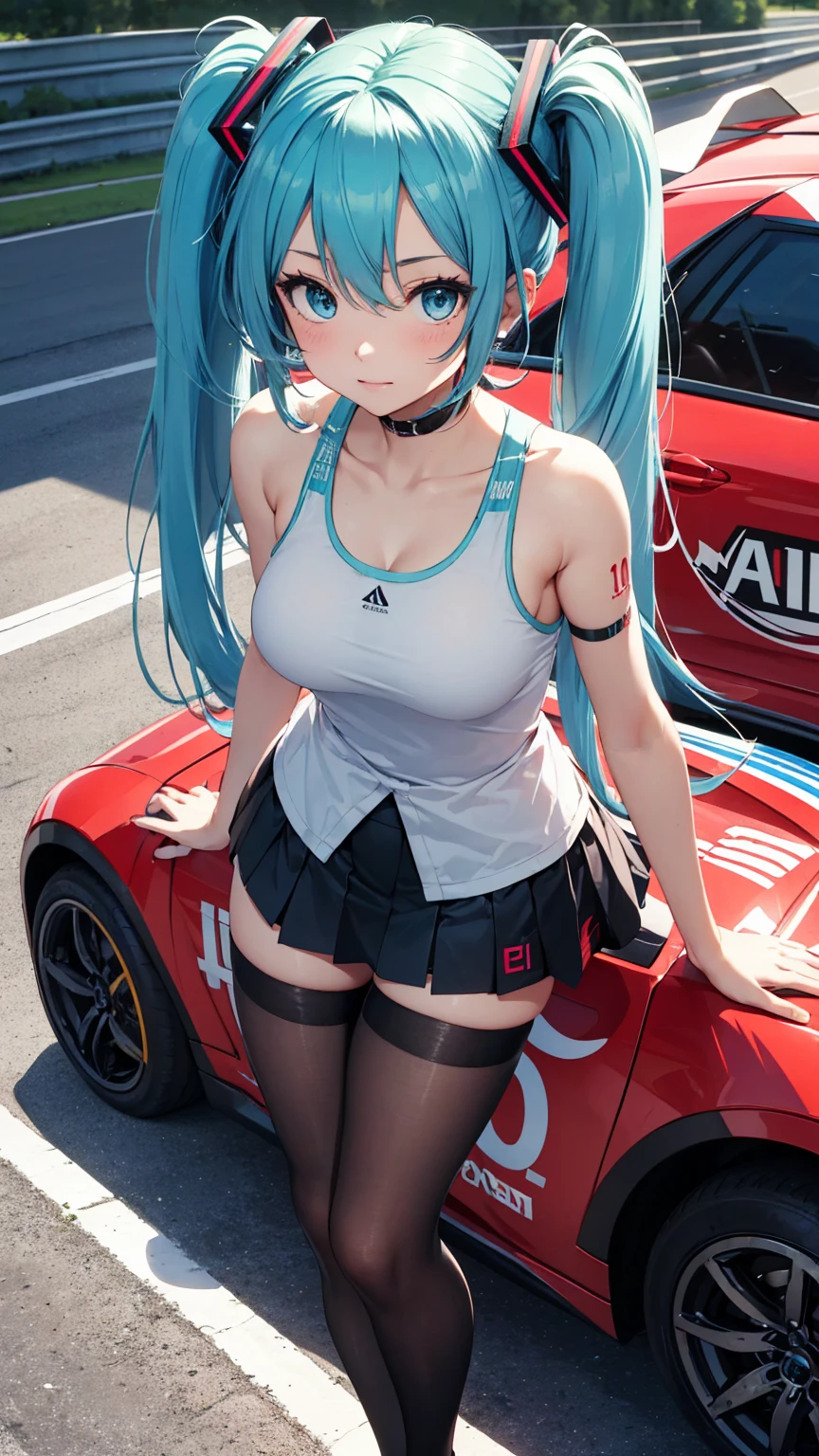 Highquality image of Hatsune Miku, Twin Tail, light Blue Eye, light Blue Hair, Race Queen, Motorsports, big chest, berry short tank top, She wears a mini-skirt on top, black tights, high-heeles, cute costume