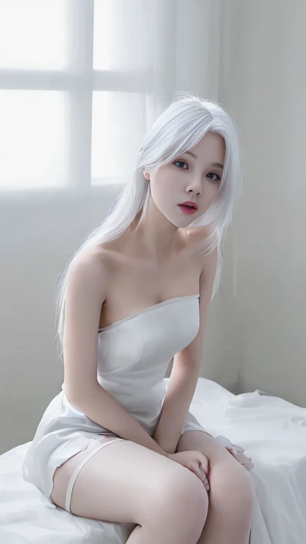 Young Doctor,sexy,white hair,Wearing a bare-shouldered white gown,wearing a white short skirt,wearing white stockings,sitting on the bed,in the hospital room