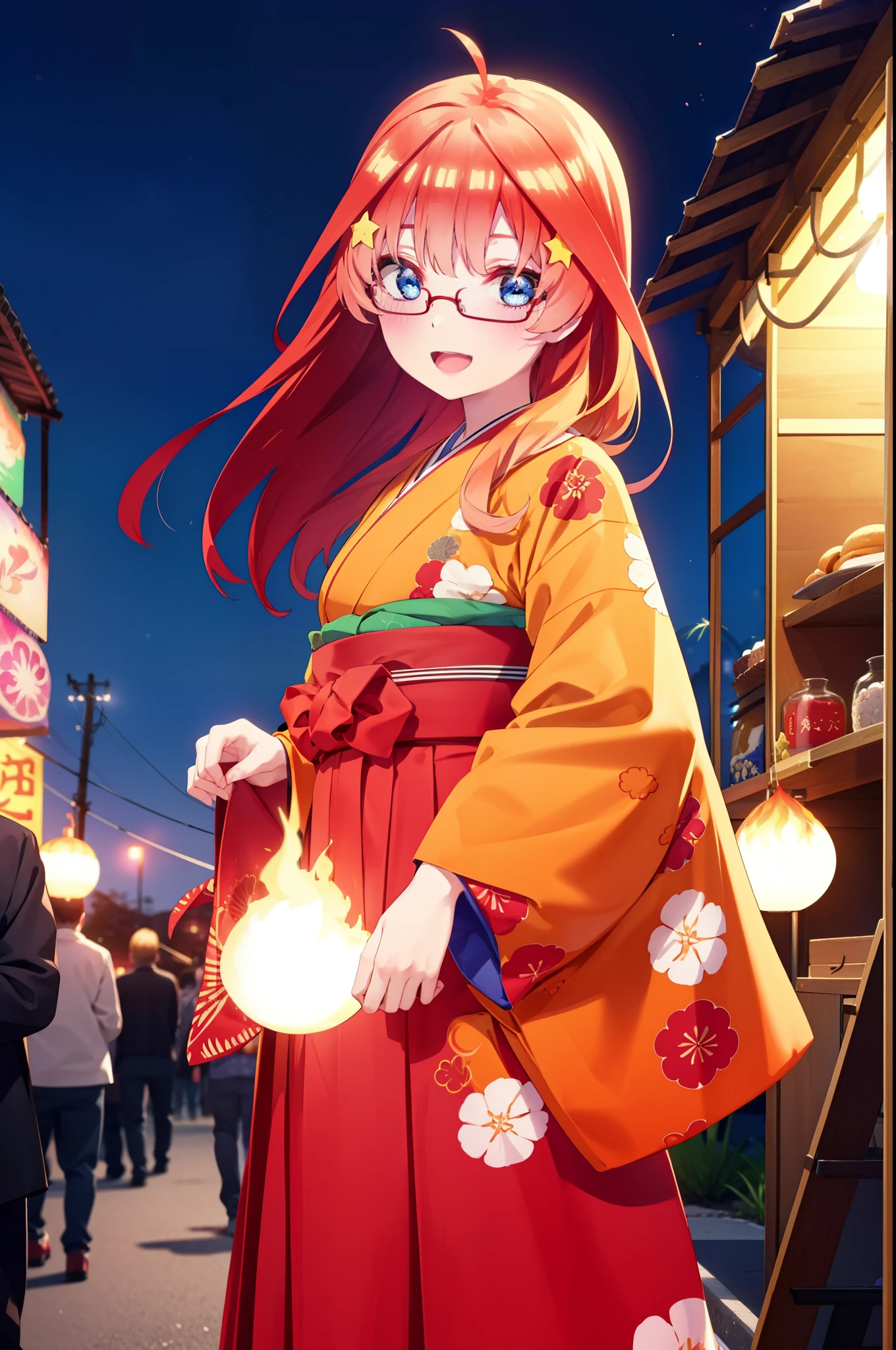 itsukinakano, Itsuki Nakano, bangs, blue eyes, Hair between the eyes, Ahoge, Redhead, star \(symbol\), hair ornaments, star hair ornaments,Akagi Glasses,smile,blush,Happy atmosphere,Open your mouth,Long Hair,Tie your hair back,red kimono,Thick sleeves,Sandals,White tabi,night空の花火,Fireworks display,Japanese Festivals,Summer festival food stalls,Red Lantern,night,イラストにwhole bodyが入るように, night
break outdoors, shrine,                                              break looking at viewer,whole body,
break (masterpiece:1.2), highest quality, High resolution, unity 8k wallpaper, (shape:0.8), (Beautiful and beautiful eyes:1.6), Highly detailed face, Perfect lighting, Highly detailed CG, (Perfect hands, Perfect Anatomy),