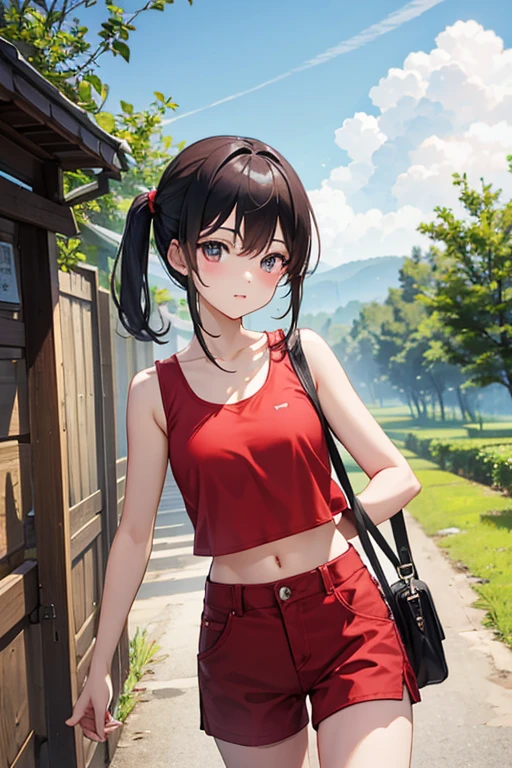 countryside、Rural Scenery、summer、13 year old beautiful girl、Red Tank Top、hot pants、Walking