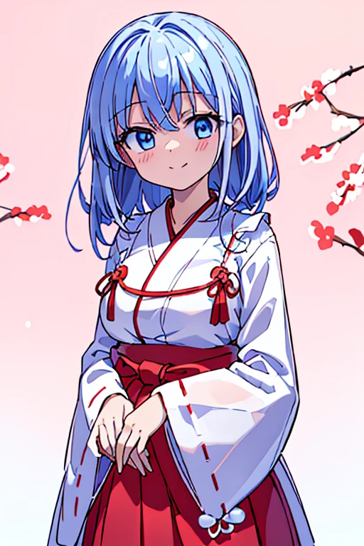 highest quality High resolution {Red too:1.35},シンプルなShrine maiden服 Shrine maiden服 (white background white groundless background:1.5), Long short hair Drooping eyes Anime style illustrations Beauty Shrine maiden Cute eyes smile Scarlet hakama Dark blue eyes One Woman Light blue hair Shortcuts Wide sleeves Long hem Looking up Big Breasts