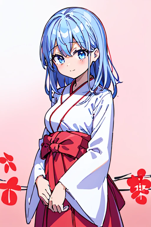 highest quality　High resolution　 {Red too:1.35},シンプルなShrine maiden服　Shrine maiden服　(white background white groundless background:1.5),　Long short hair　Drooping eyes　Anime style illustrations　Beauty　Shrine maiden　Cute eyes　smile　Scarlet hakama　Dark blue eyes 　One Woman　Light blue hair　Shortcuts　　Wide sleeves　Long hem　Looking up　Big Breasts　