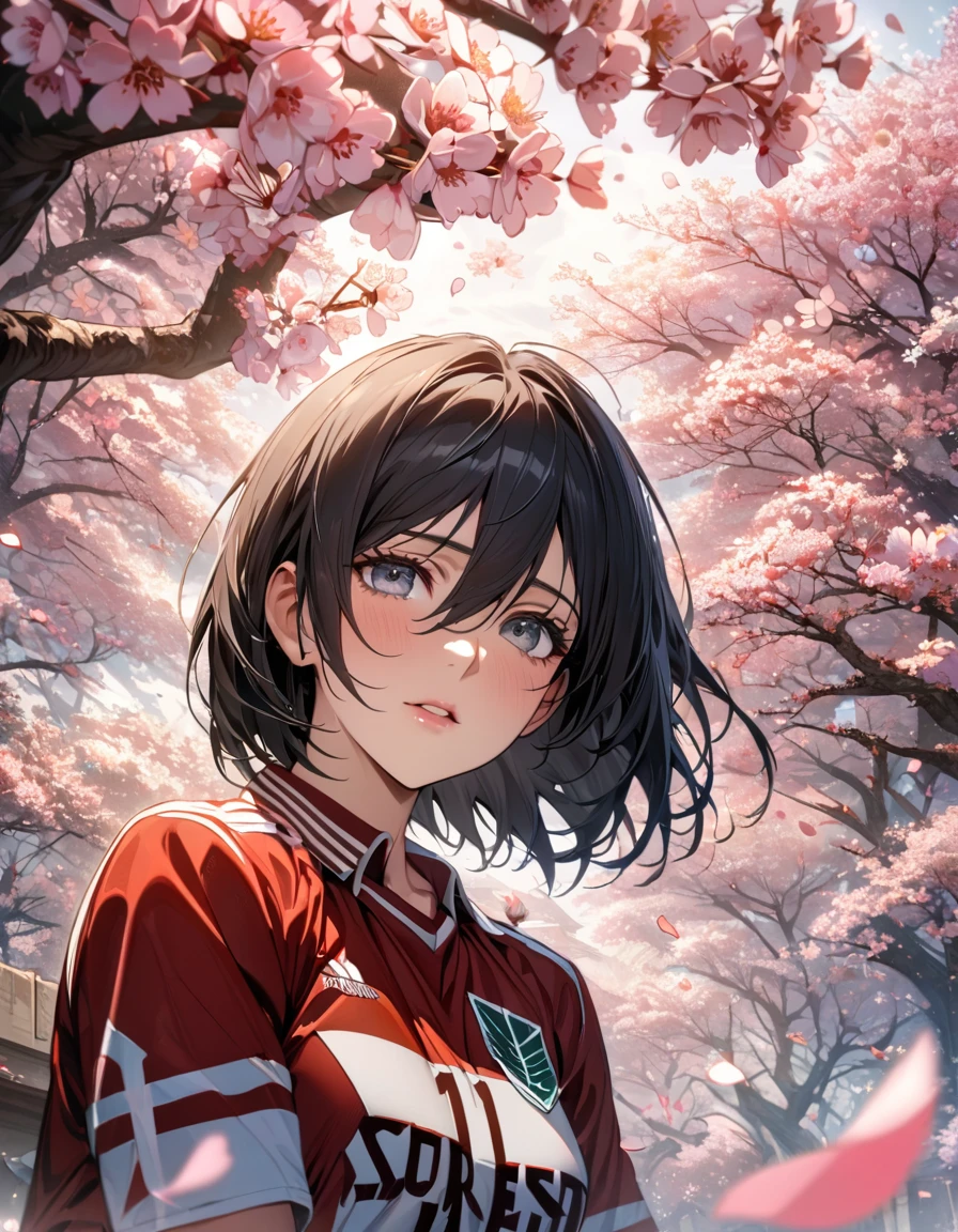 Ultra detailed, Highres, HDR, absurdres, Mikasa Ackerman, expressive silver eyes, black short hair, woman, extremely beautiful, Shingeki No Kyojin, solo, extremely detailed face and eyes, petals, blossoms, spring, master piece, basketball uniform, cherry blossoms, butterflies, best quality, very pretty,