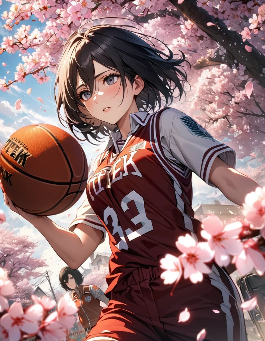 Ultra detailed, Highres, HDR, absurdres, Mikasa Ackerman, expressive silver eyes, black short hair, woman, extremely beautiful, Shingeki No Kyojin, solo, extremely detailed face and eyes, petals, blossoms, spring, master piece, basketball uniform, cherry blossoms, butterflies, best quality, very pretty,
