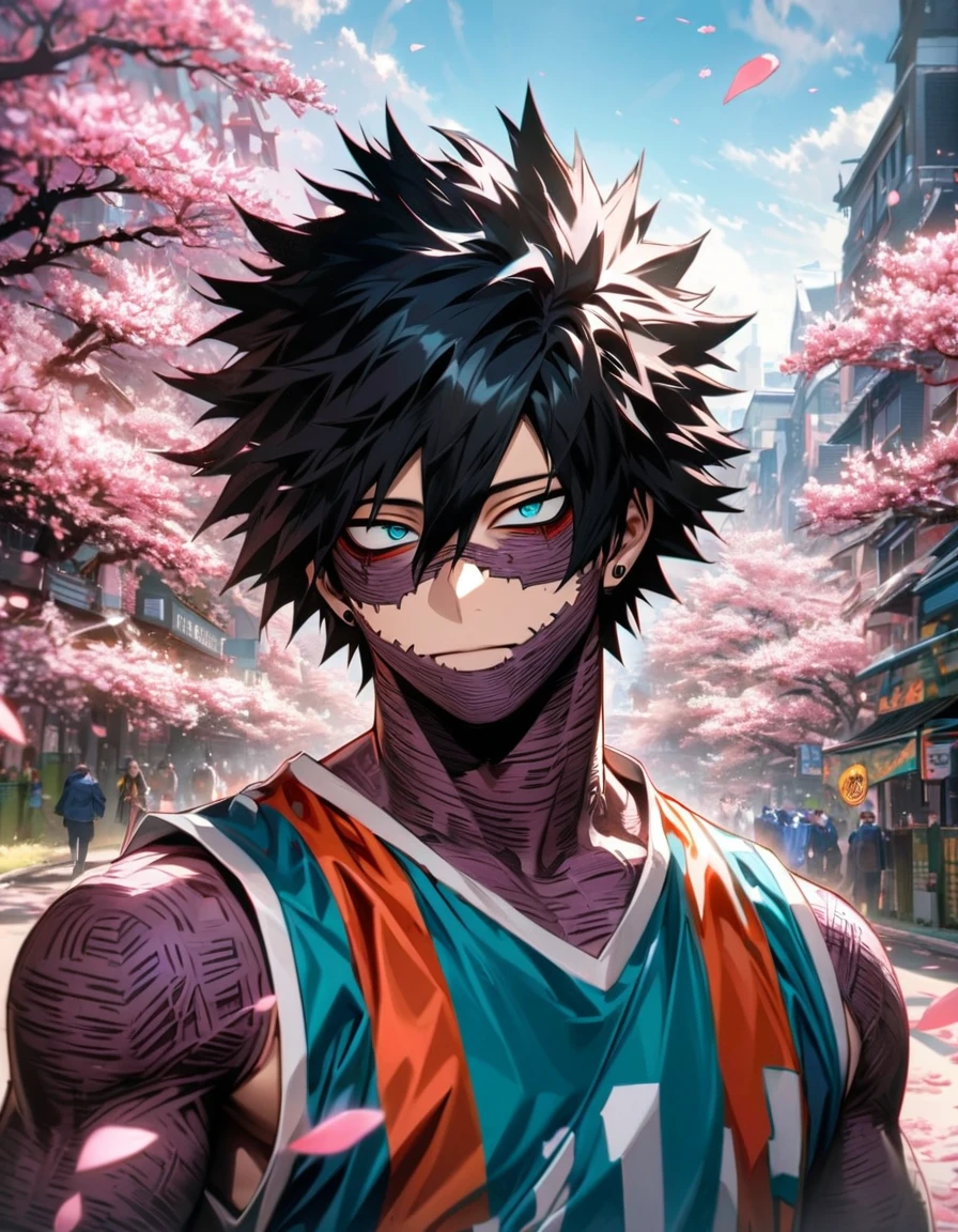 absurdres, highres, ultra detailed, HDR, master piece, detailed picture, extremely detailed face and eyes, Dabi, he has black hair that spikes upward around his head, hair between the eyes, vibrant turquoise eyes, Boku no Hero Academia, basketball uniform, solo, sexy man, handsome, spring, pink flowers, blossoms, pink petals