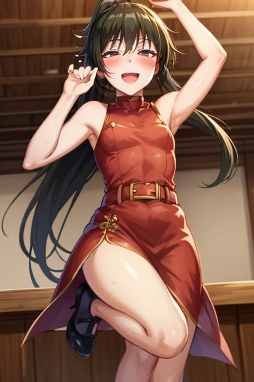 ((highest quality)), ((masterpiece)), (be familiar with), Perfect Face, indoor, Bedroom, Watching the audience,
One woman, Zenyuan Maki,
Open Mouth, Ecstatic expression, blush, smile,
Small breasts, Flat Chest, Young Girl, , , Girl,
Long Hair, ponytail,
Leg spread,