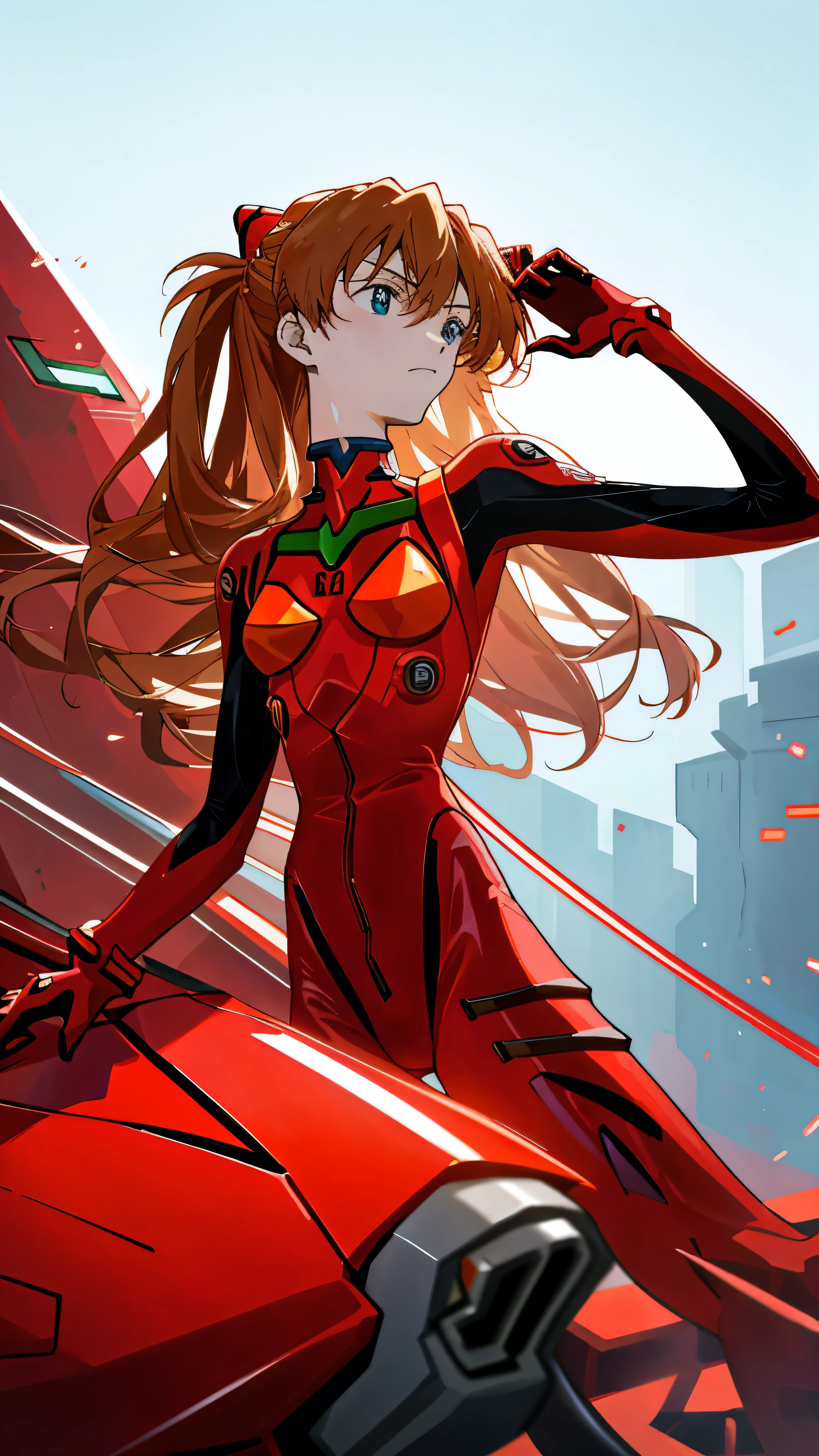 Anime character Asuka Langley from Neon Genesis Evangelion The Movie, elegantly poses before the camera with high definition images, clad in a pristine white armored suit. The Evangelion Unit 0, an impressive megastructure, serves as the breathtaking backdrop. With an air of determination, Asuka raises her hand, the suit's advanced contours and latex luster gleaming under the spotlight, creating a surreal and thrilling scene.