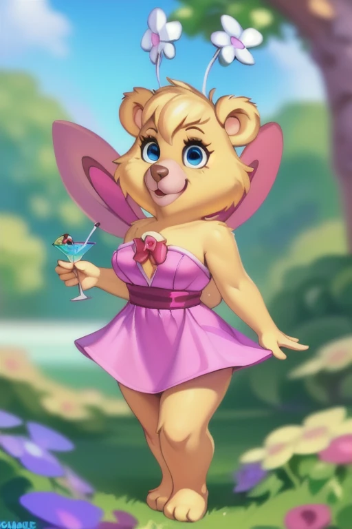 butterbear, bear, antennae_(anatomy), insect_wings, short stack, breasts, fancy cocktail dress, cocktail in hand, blue eyes, looking at viewer, 3 toes , showing feet, uploaded on e621, uploaded on fur affinity,(detailed background, depth of field), (intricate:1.1), (high detail:1.2), (soft focus), (masterpiece, best quality, 8k, 4k, shaded, absurd res), by Chunie, by CyanCapsule, by Hallogreen