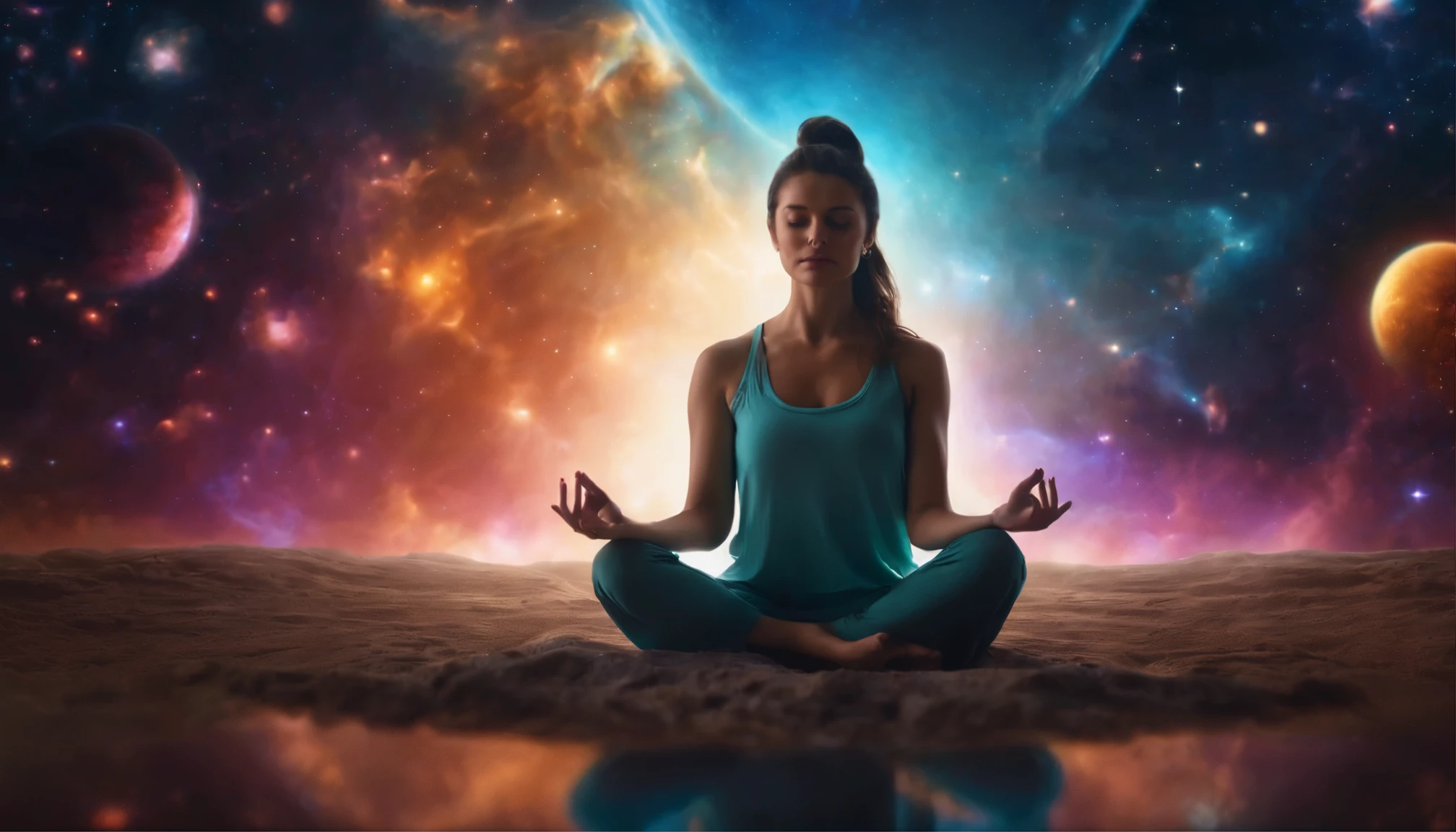 A woman meditating with her legs crossed in the vast universe, she has a positive energy, in the background Very bright colors, particles of light, UHD wallpaper