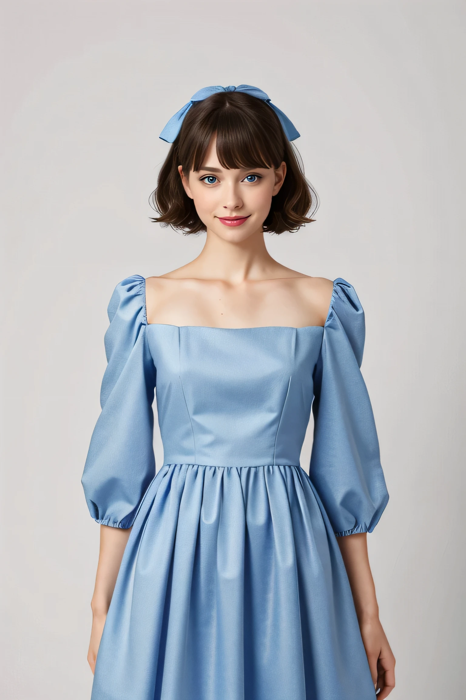 ((masterpiece), (Realistic), highest quality:1, High resolution, 4K, super High resolution), One girl, dress, view your viewers, lanthanum, long sleeve, red dress, candy, bangs, alone, Puffy sleeves, blue eyes, black bow, Gray Hair, bow, short hair, jewelry, Juliet Sleeve, Lollipop, blush, Mouth closed, hair bow, Full body portrait, little smile,