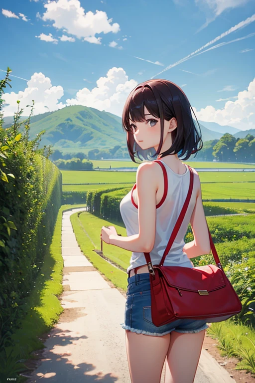 countryside、Rural Scenery、summer、13 year old beautiful girl、Red Tank Top、Denim hot pants、Walking