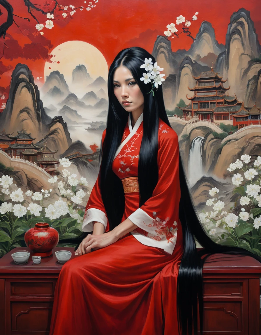 Movie poster, Oil painting: 1.5), \\ A woman with long black hair and white flowers in her hair sits in front of a Chinese landscape painting, red dress (Amy Saul: 0.248), (Stanley Ateg Liu: 0.106), (a detailed painting: 0.353), (Gothic art: 0.106)