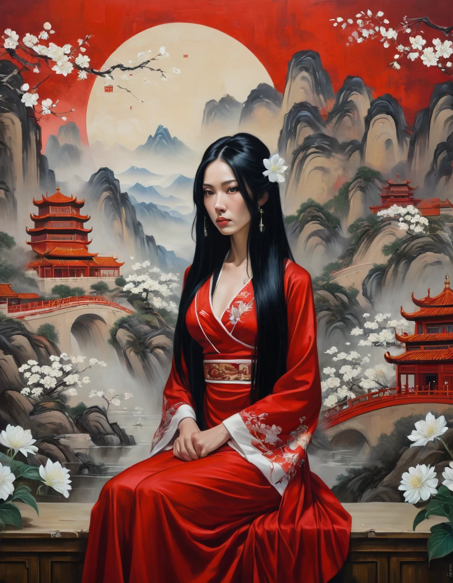 Movie poster, Oil painting: 1.5), \\ A woman with long black hair and white flowers in her hair sits in front of a Chinese landscape painting, red dress (Amy Saul: 0.248), (Stanley Ateg Liu: 0.106), (a detailed painting: 0.353), (Gothic art: 0.106)